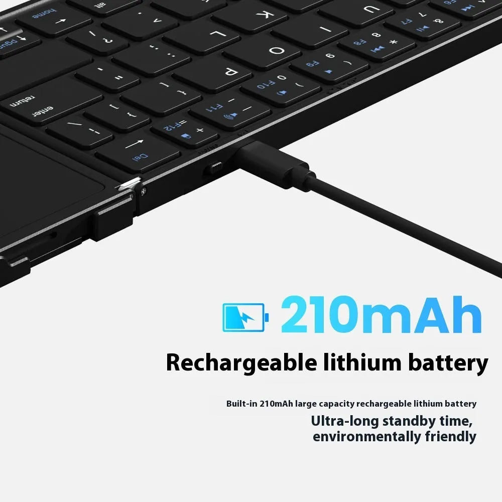 Black folding Bluetooth keyboard collapsed to compact size for mobile phones and tablets