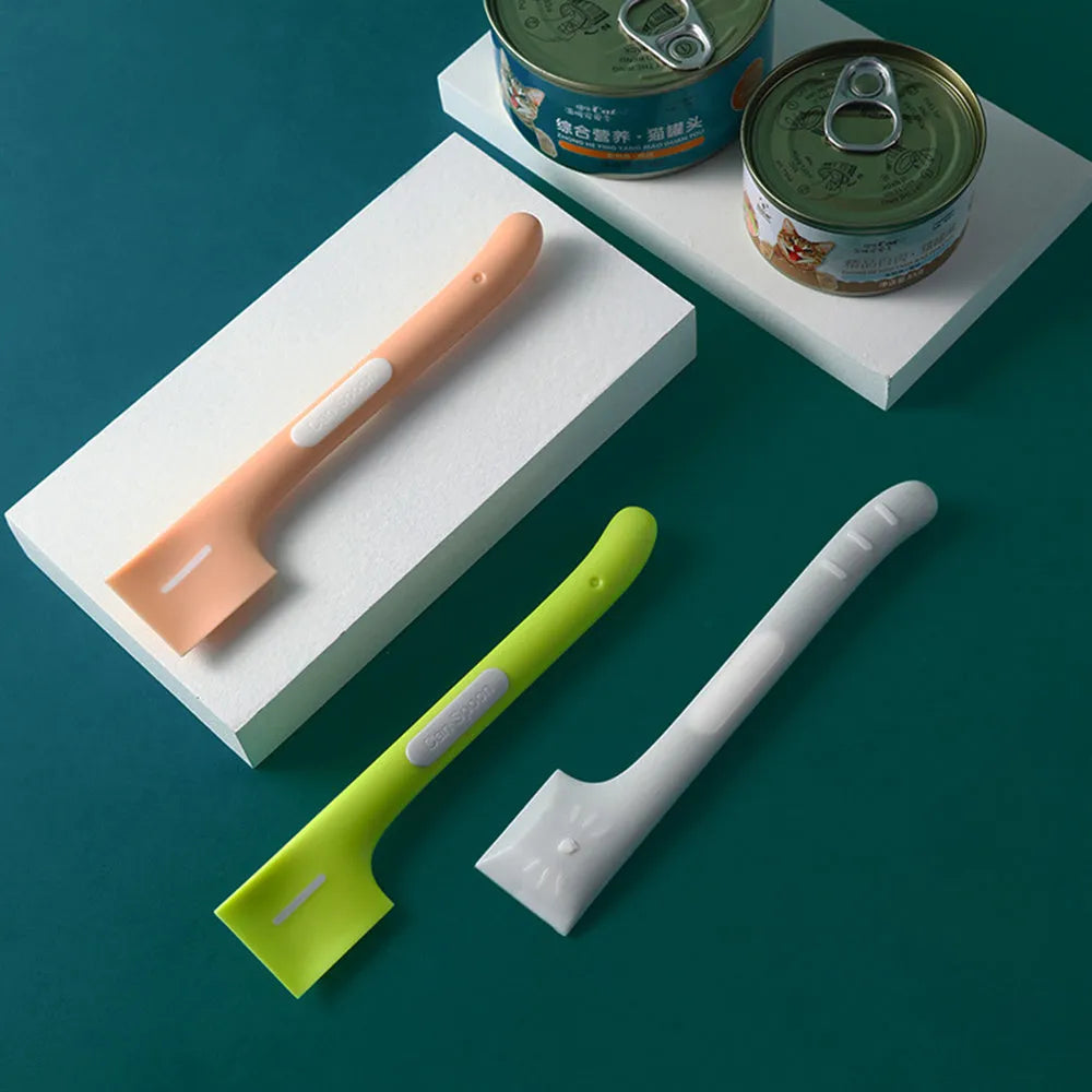 Long-handled green pet food spoon for canned wet food with angled scraper design