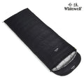 Black outdoor sleeping bag with white goose down fill and tear-resistant nylon fabric.