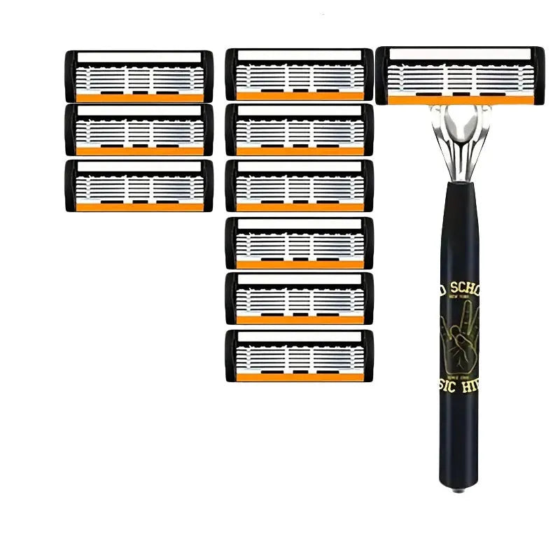 Black six-layer finger handle for manual shaver holder with assorted blade packs.