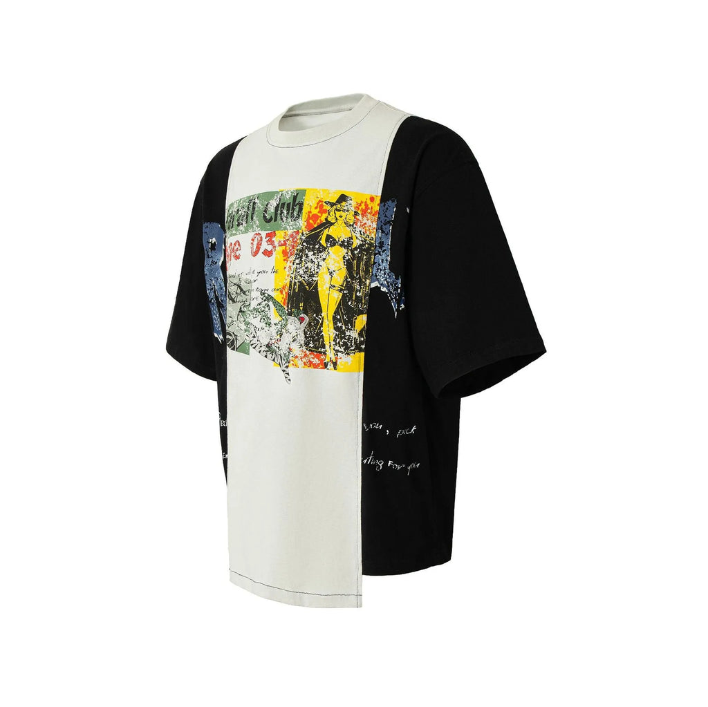 Mens loose black and white deconstruction print cotton t-shirt on a model, showing short sleeves and streetwear style.