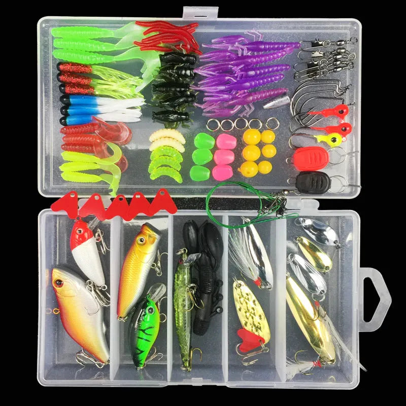 Fishing lure suit set showing soft plastic baits in frog patterns with colour thread inside PP storage box