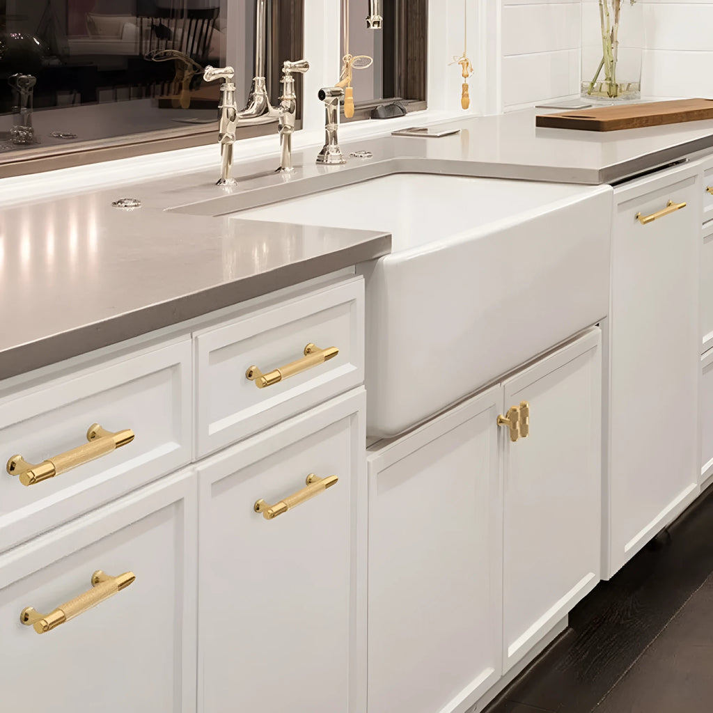 Brushed brass aluminium furniture handle showing hole spacing options for cabinet and wardrobe installation