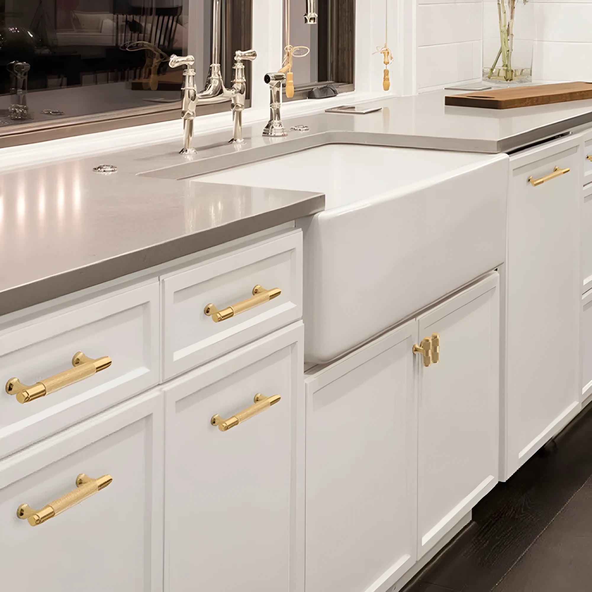 Brushed brass aluminium furniture handle showing hole spacing options for cabinet and wardrobe installation