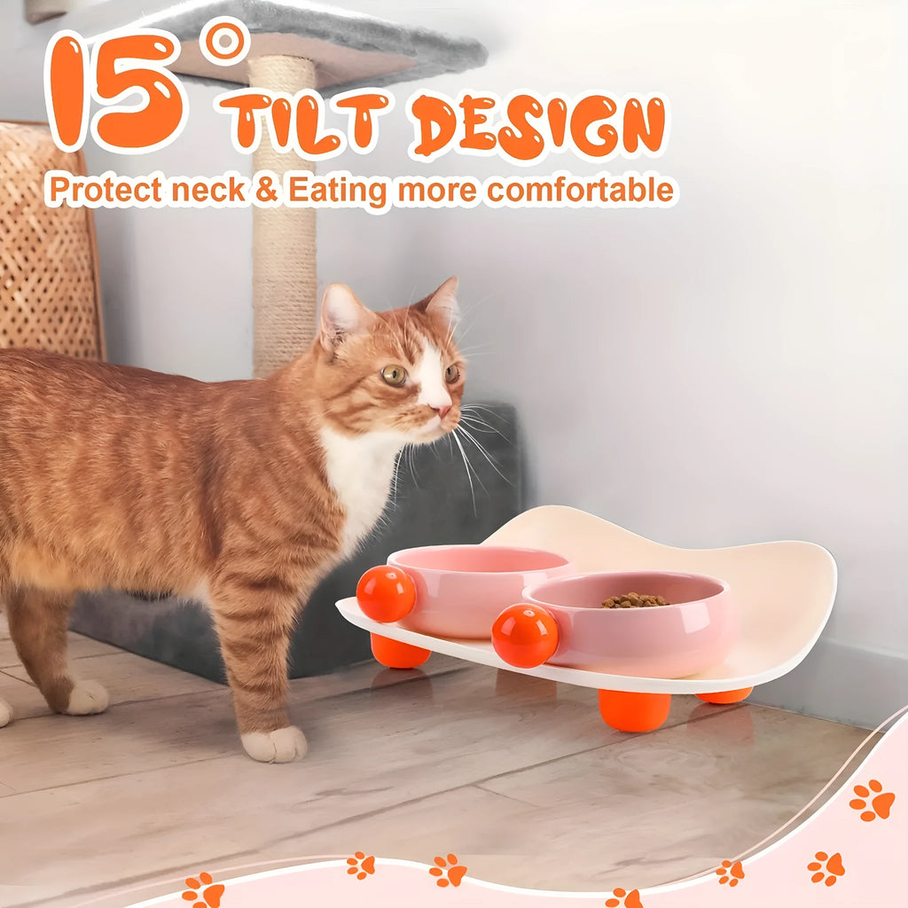 Ceramic elevated pet feeding bowl set with two bowls and non-slip base in pink colour
