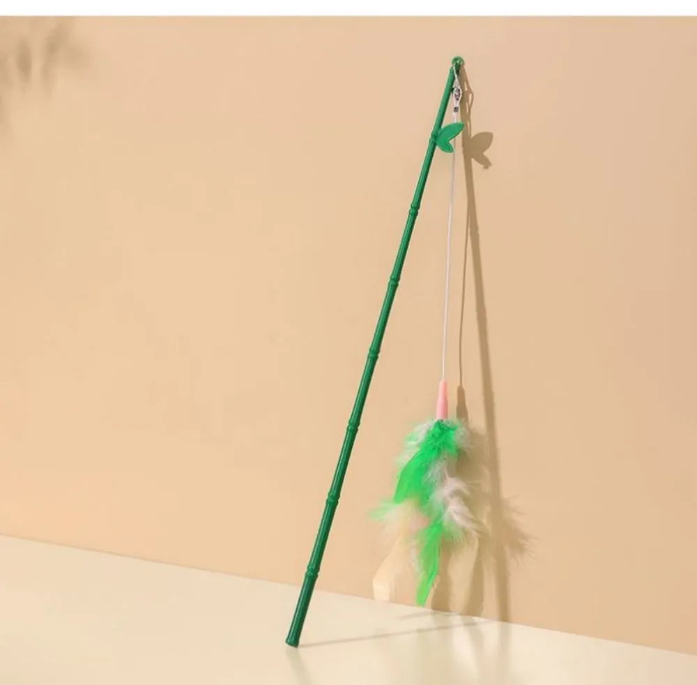 Interactive cat feather wand toy with bells and colourful feathers on durable wand with comfortable grip handle