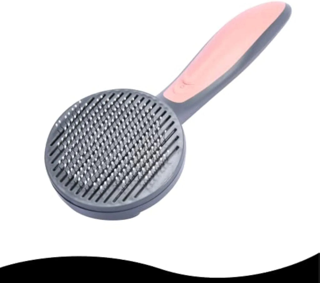 Gray self-cleaning slicker brush for pet grooming with one-click cleaning button on handle
