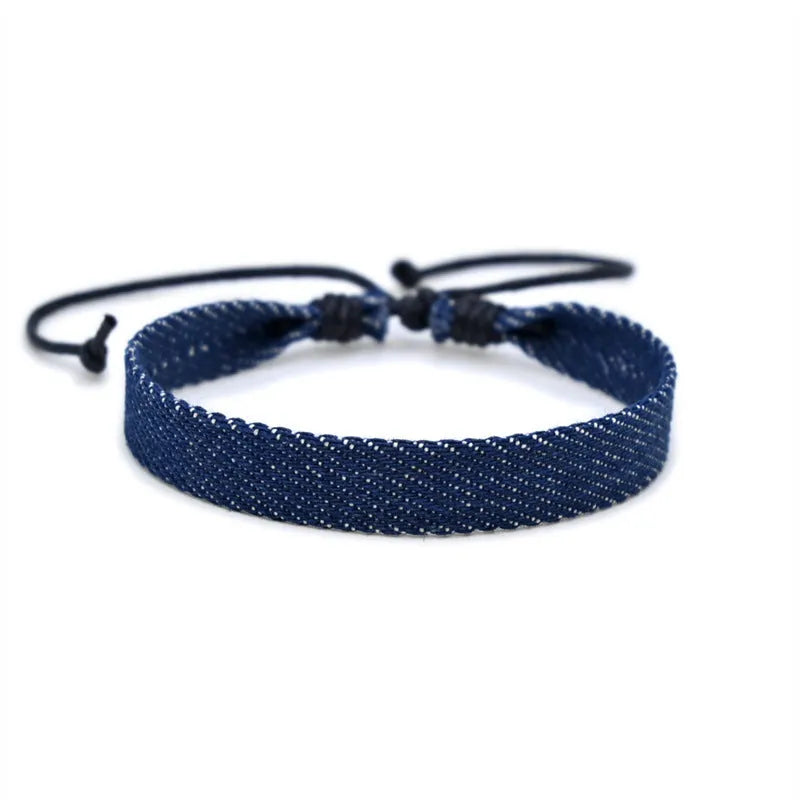 Adjustable denim fabric bracelet in various YYR colours with mixed material construction
