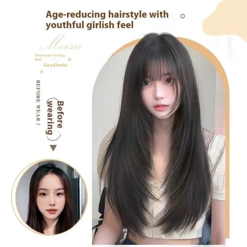 Black long straight high-layered women's wig with full-head hair net construction