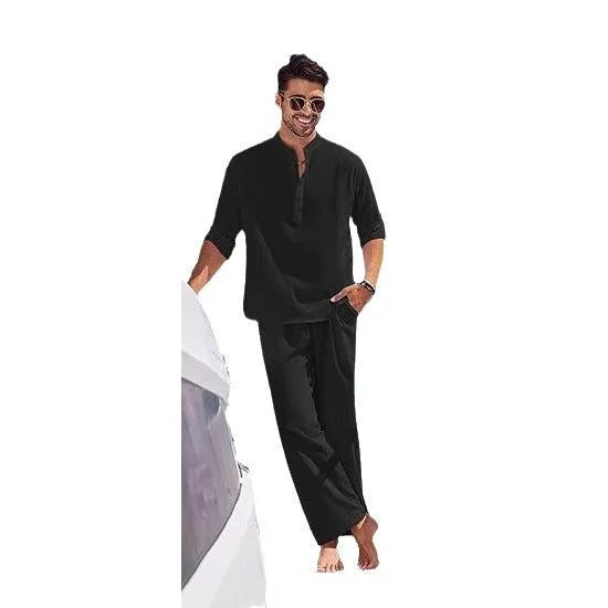 Men's casual cotton suit in a solid colour, featuring a long-sleeve top and trousers.