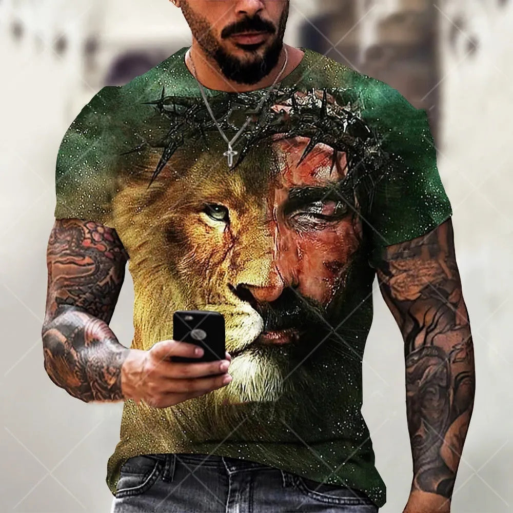 Men's grey T-shirt with 3D printed Jesus pattern design, short sleeves, pullover style