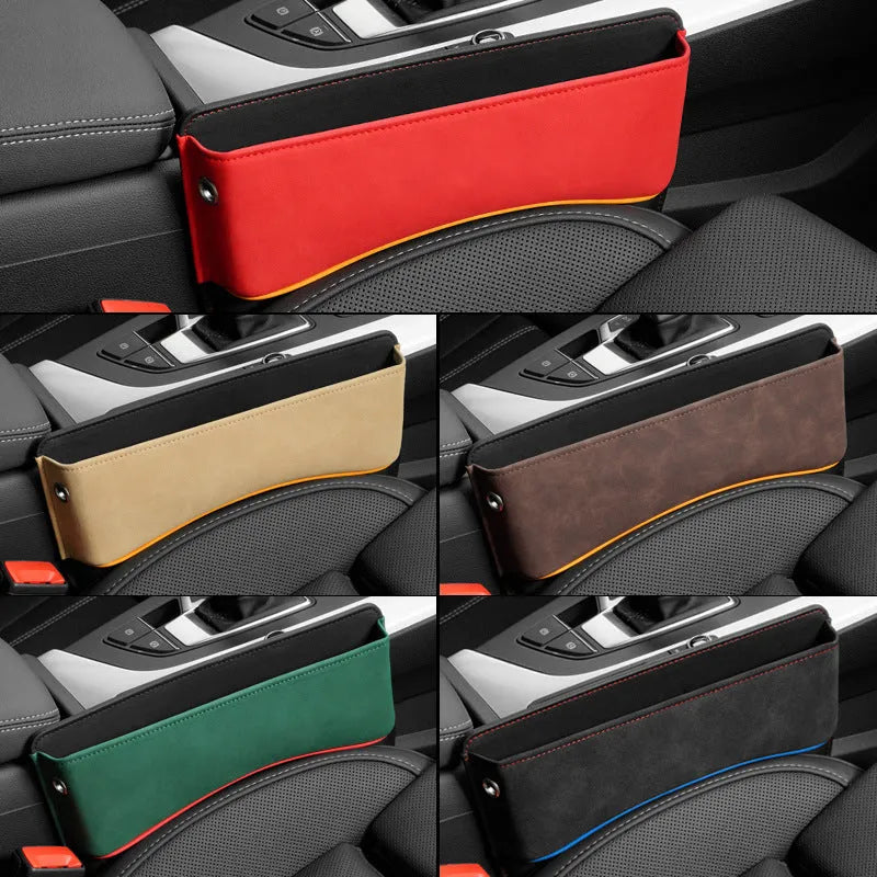 Leather car seat storage box in choice of black, brown, beige, green or red suede colour