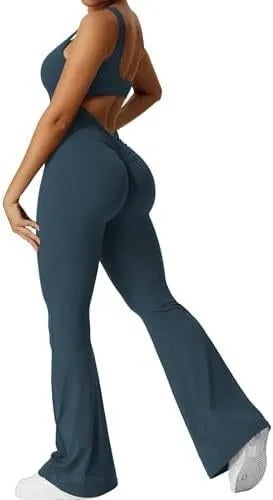Women's sleeveless flare jumpsuit for yoga and fitness in high-elasticity polyester fabric.