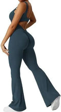 Women's sleeveless flare jumpsuit for yoga and fitness in high-elasticity polyester fabric.