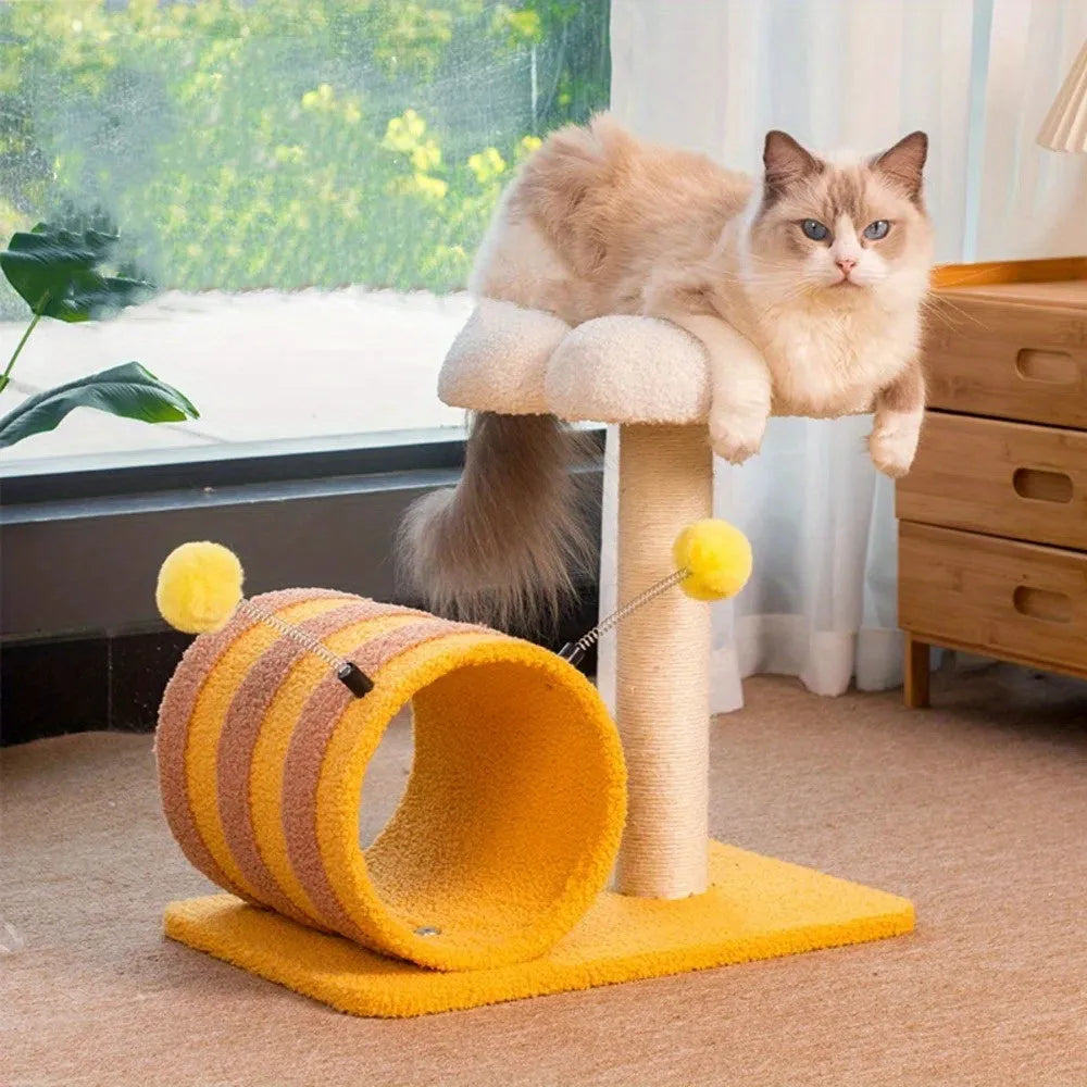 Yellow bee design cat climbing frame with sisal scratching board and tunnel measuring 46cm wide