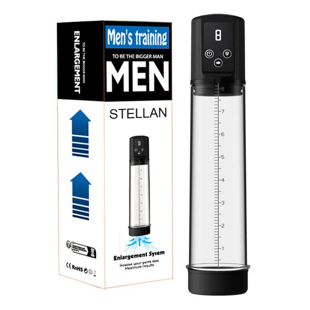Handheld electric penis pump in diqiao colour, made from black ABS and grey TPE plastic.