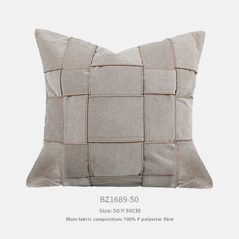 Square chenille woven sofa cushion in beige colour with textured surface and feather velvet core