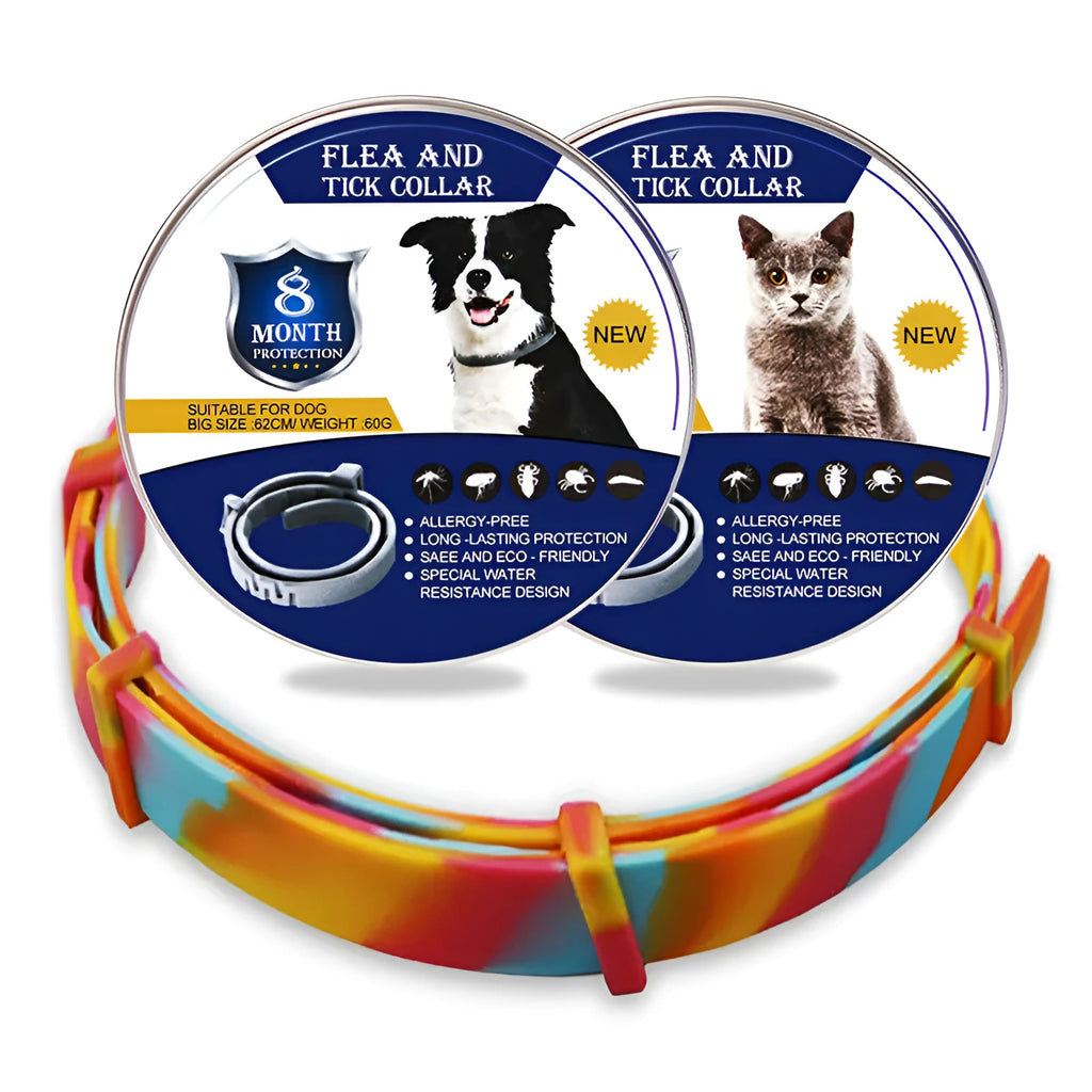Rainbow plastic flea collar for pets showing 38cm cat size and 62cm dog size options