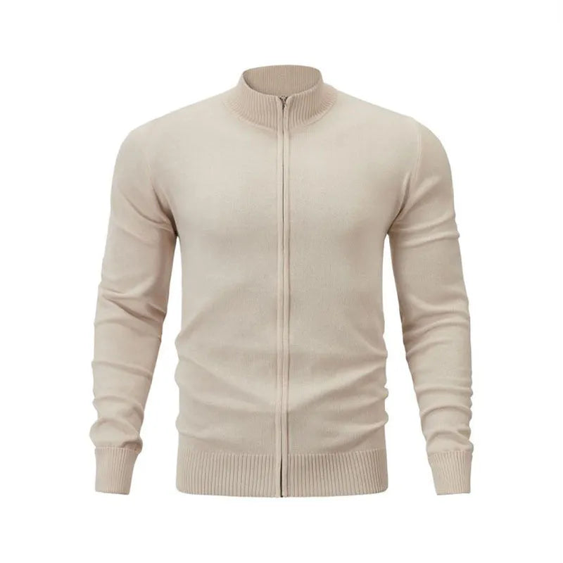 Man wearing a zip-front cotton cardigan in a solid colour, showcasing the stand collar and loose fit.