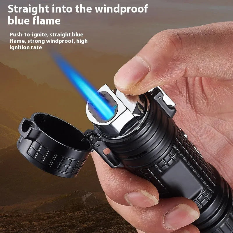 TH727 multi-function waterproof flashlight lighter in metal housing showing five colour options