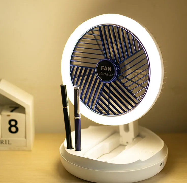 Blue foldable USB desk fan with LED light showing wall mount bracket and pen holder