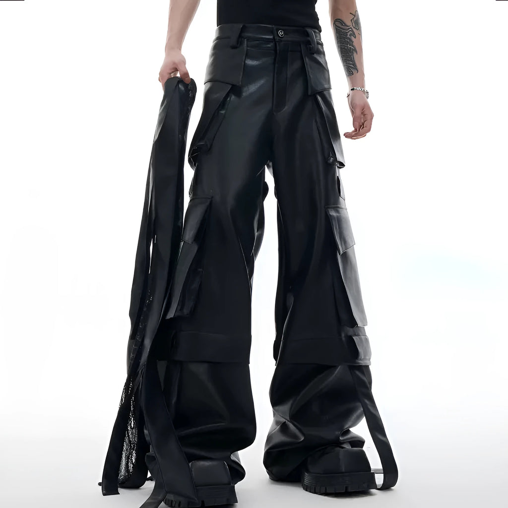Black loose-fit retro leather-look pants with quilted texture and multi-pocket stitching detail.