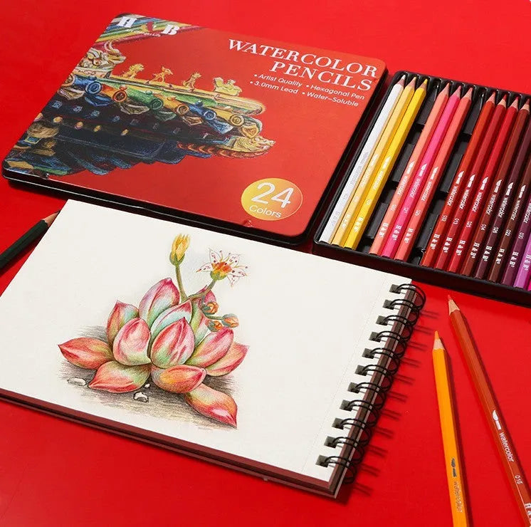 Wooden box open showing 24 water-soluble coloured pencils in various colours.