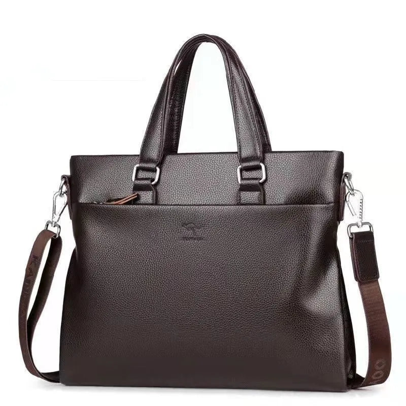Men's black PU leather messenger bag with splicing design, 35cm wide business shoulder bag
