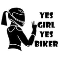 Cool girl rider character waterproof car sticker in black white or laser colour measuring 16cm by 15cm