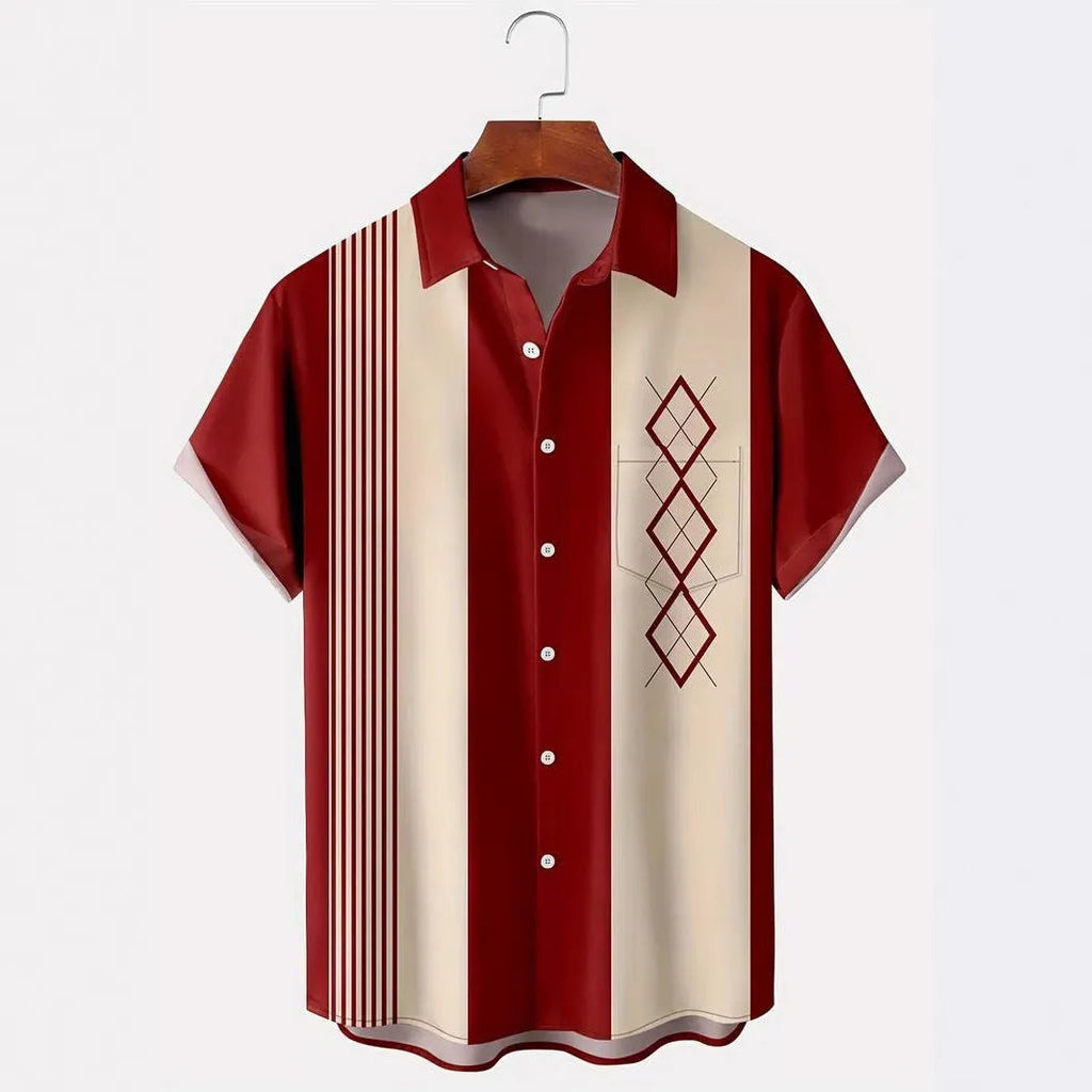 Men's loose fit plaid shirt with lapel cardigan style in contrast colours with short sleeves