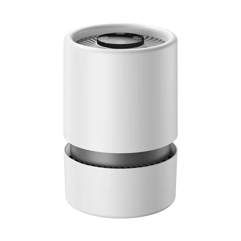 White simple-style desktop USB air purifier with Type-C cable on a desk.