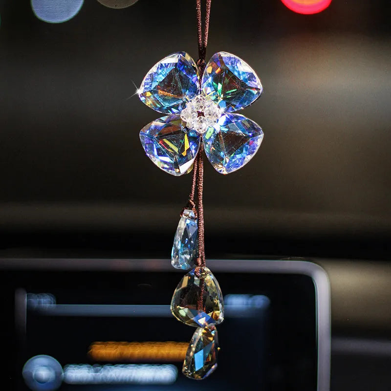 Genuine crystal four leaf grass car interior pendant measuring approximately 20cm for vehicle decoration