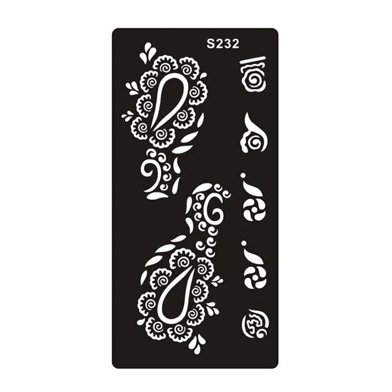 Sheet of hollow geometric and Southeast Asian style temporary tattoo templates on water transfer paper.