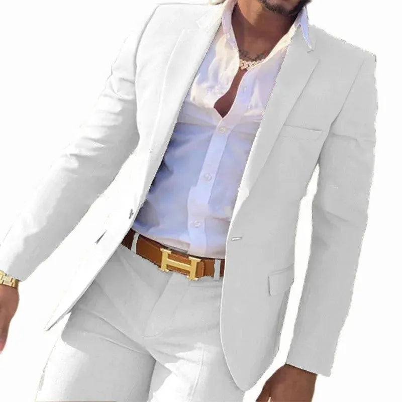 Man wearing a purple cotton two-piece suit jacket and trousers set.