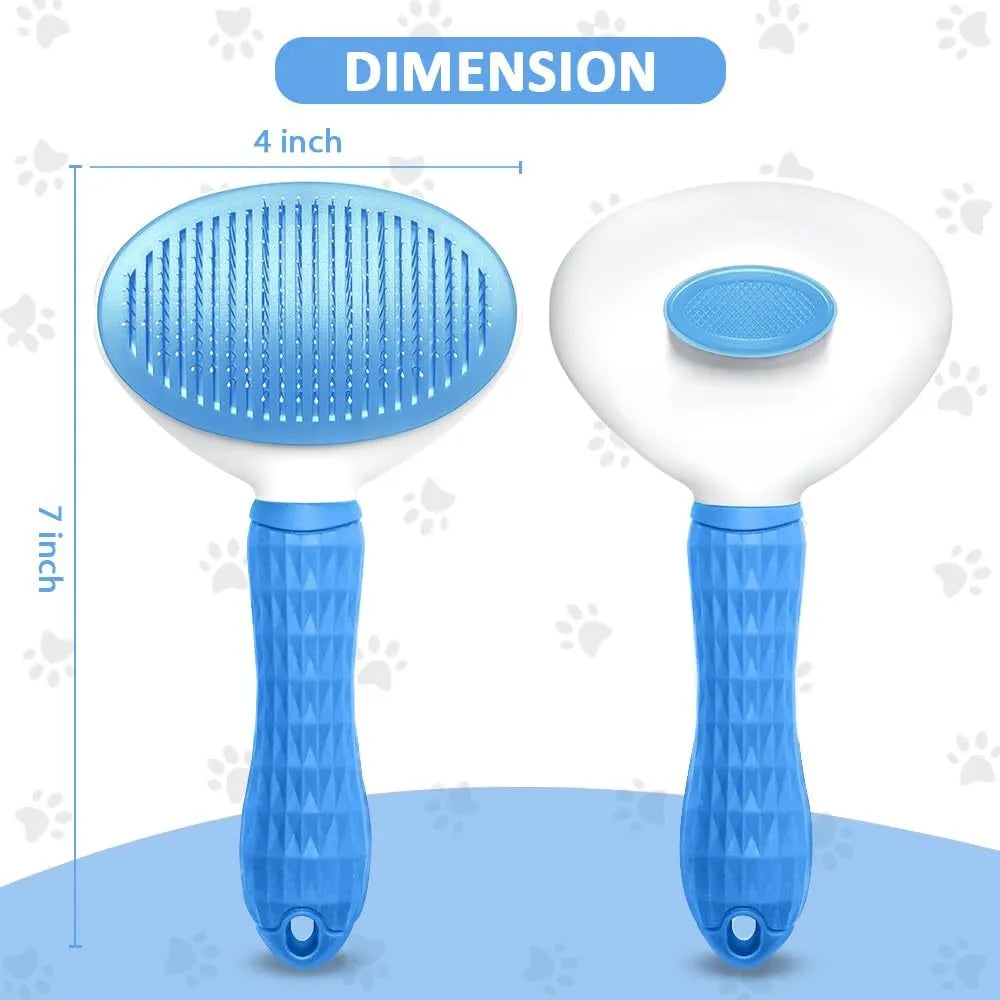 Blue cat grooming brush with release button for removing pet hair