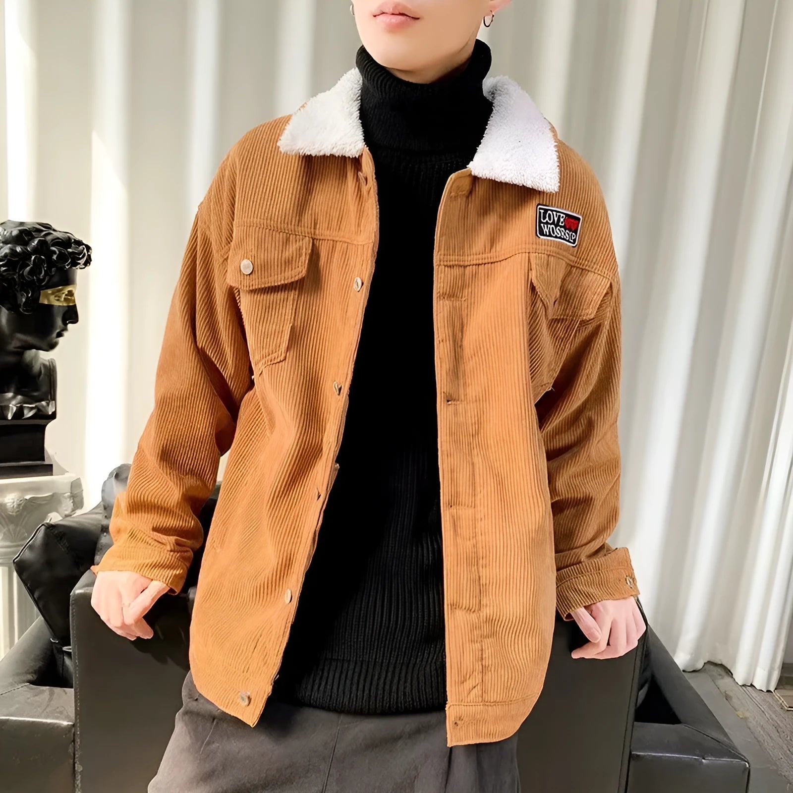 Men's corduroy workwear jacket in loose-fit design with size stick pockets, shown in khaki colour option