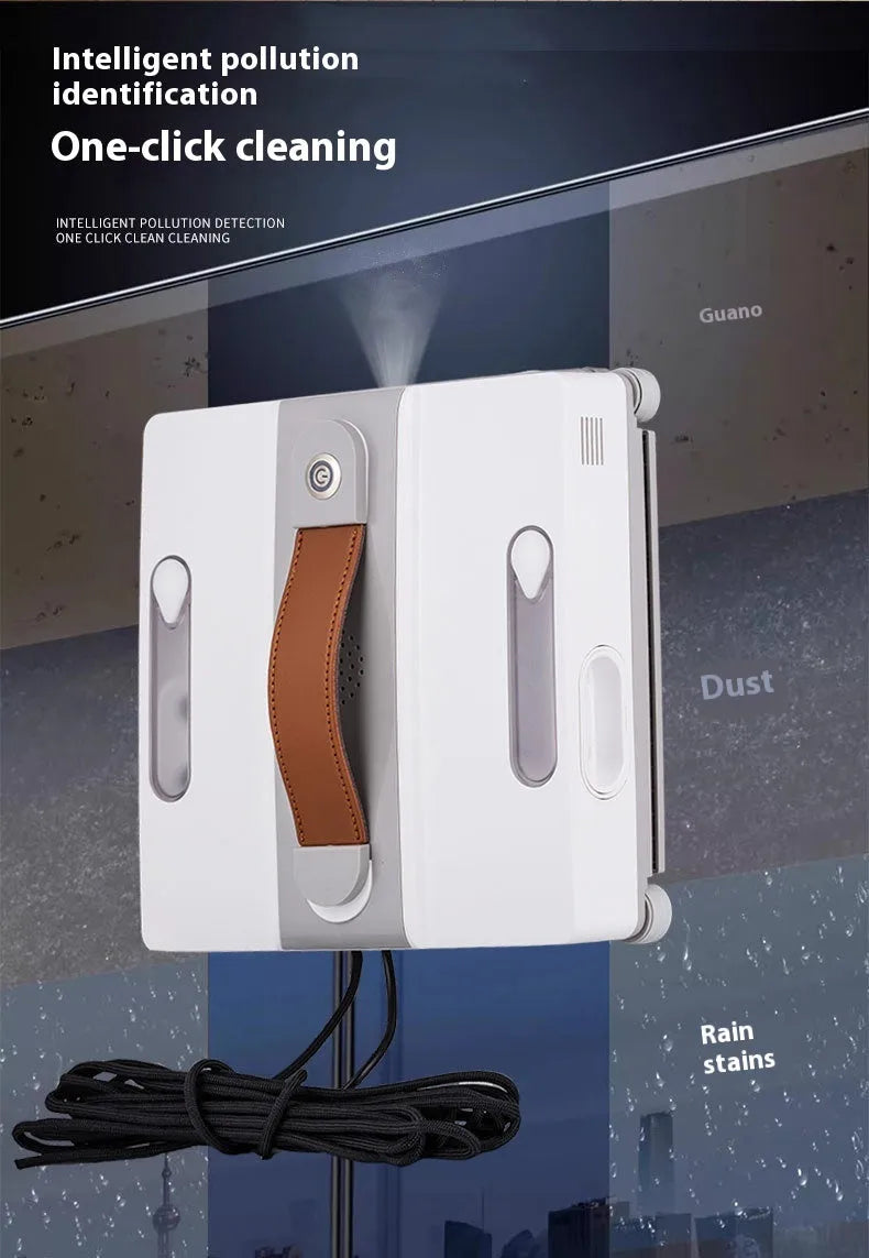 White intelligent window cleaning robot with water spray nozzles for automatic high-rise window washing
