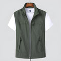 Man wearing a striped hooded casual vest with visible patch pockets, in khaki colour.