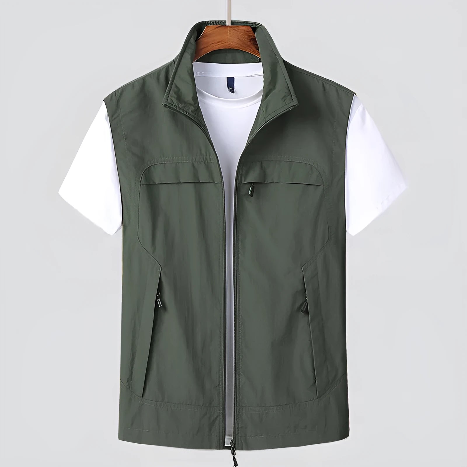 Man wearing a striped hooded casual vest with visible patch pockets, in khaki colour.