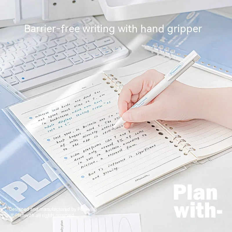 A5 PVC notebook organiser in blue colour showing transparent cover with loose papers inside