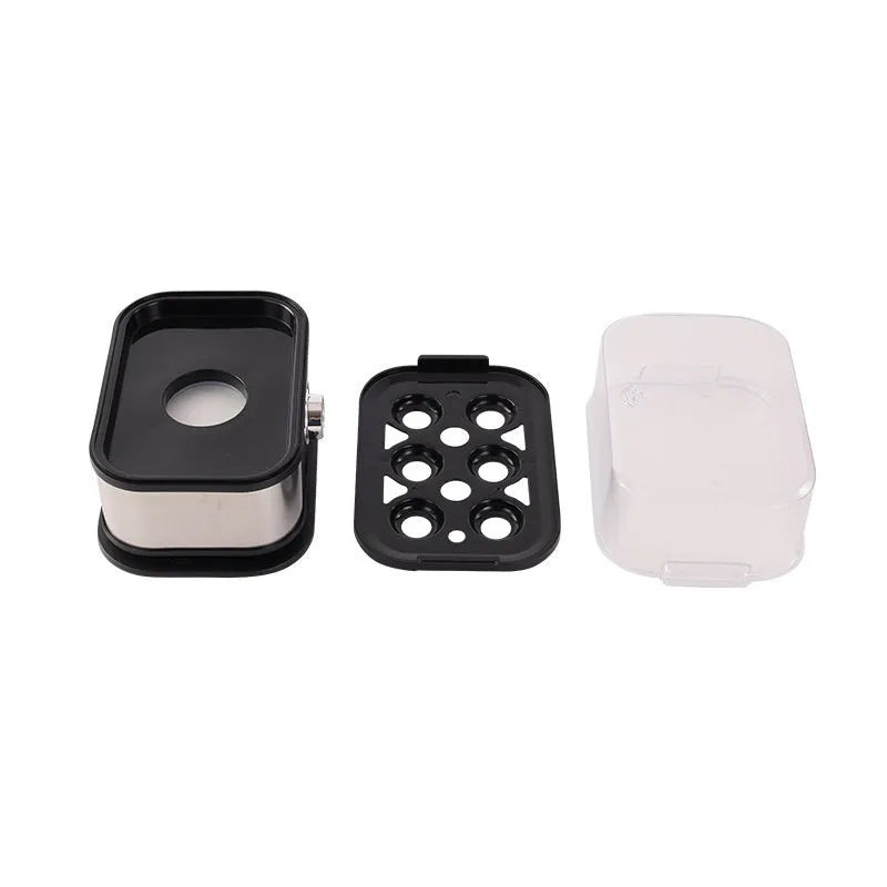 Black stainless steel portable egg boiler with universal voltage and international plug compatibility
