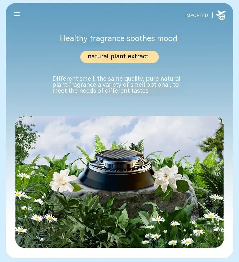 Solar kinetic car air freshener with rotating double rings on vehicle dashboard