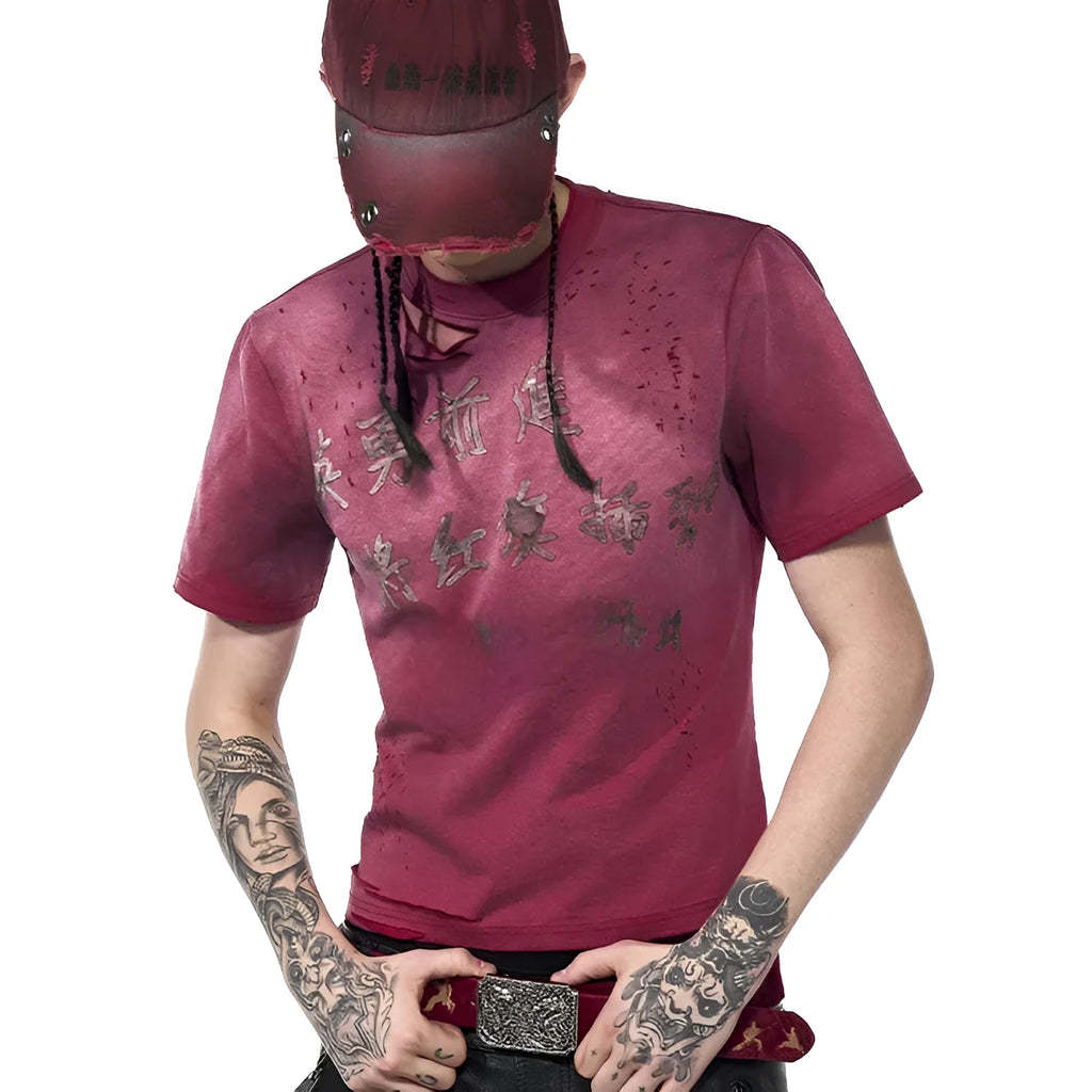 Men's red slim-fit t-shirt with distressed spray-washed fabric texture