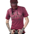 Men's red slim-fit t-shirt with distressed spray-washed fabric texture