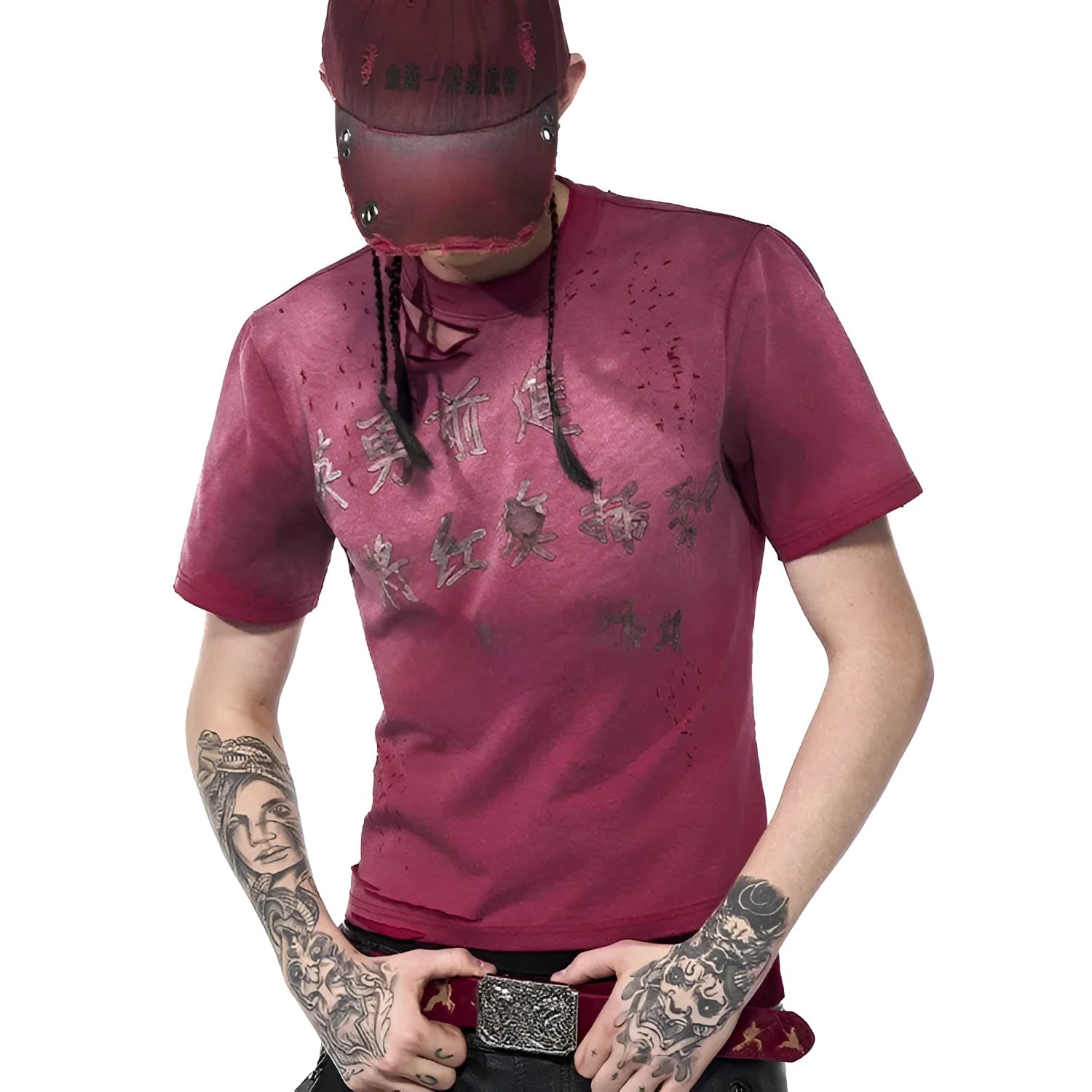 Men's red slim-fit t-shirt with distressed spray-washed fabric texture