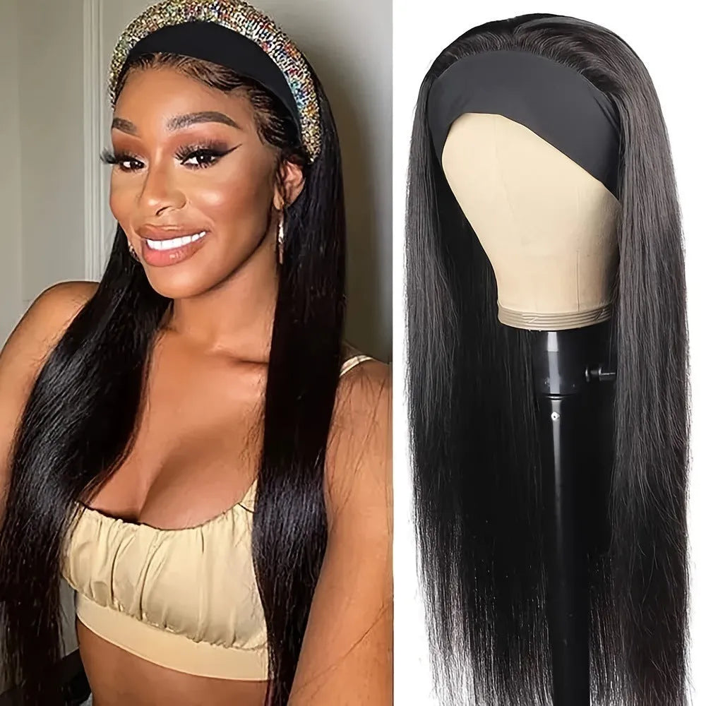 Black long straight headband wig and black long curly headband wig displayed on a stand.