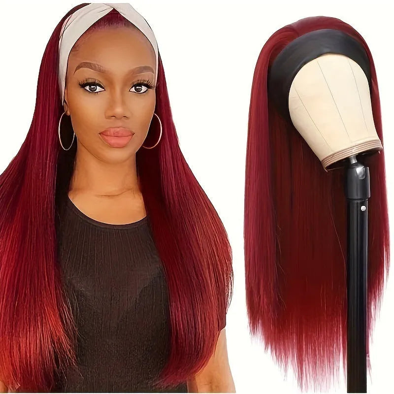Black long straight headband wig and black long curly headband wig displayed on a stand.