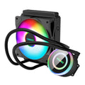 Aluminium CPU radiator with fan, shown in 120mm, 240mm, and 360mm sizes with RGB lighting option.