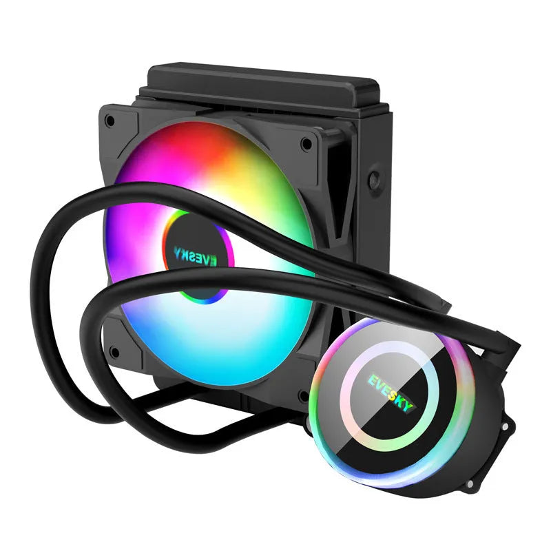 Aluminium CPU radiator with fan, shown in 120mm, 240mm, and 360mm sizes with RGB lighting option.
