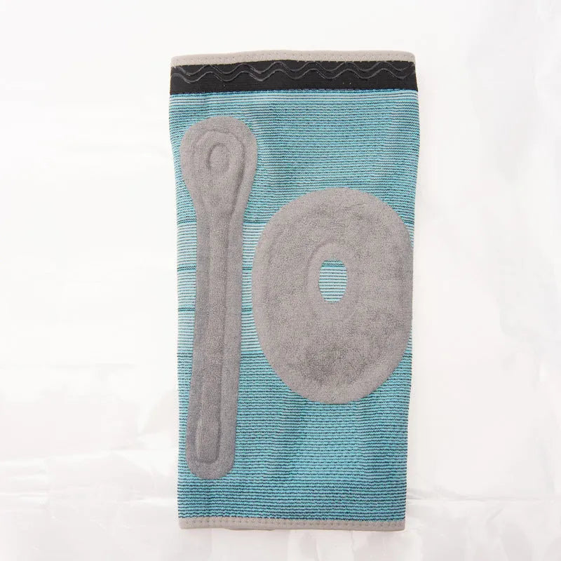 Sky blue silicone knee pads for sports, shown in S, M, L, XL sizes.